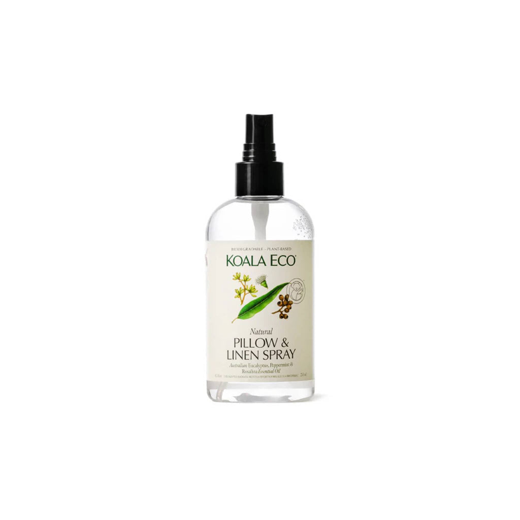 Koala Eco Eucalyptus, Peppermint and Rosalina Eco-Friendly Pillow & Linen Spray in recycled spritz bottle.