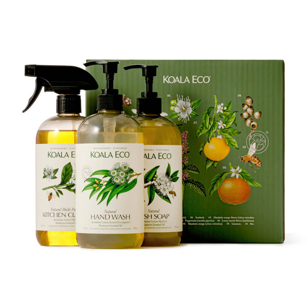 Koala Eco Home Collection Gift Set with all-natural kitchen cleaner, hand wash and dish soap with an illustrated green box.