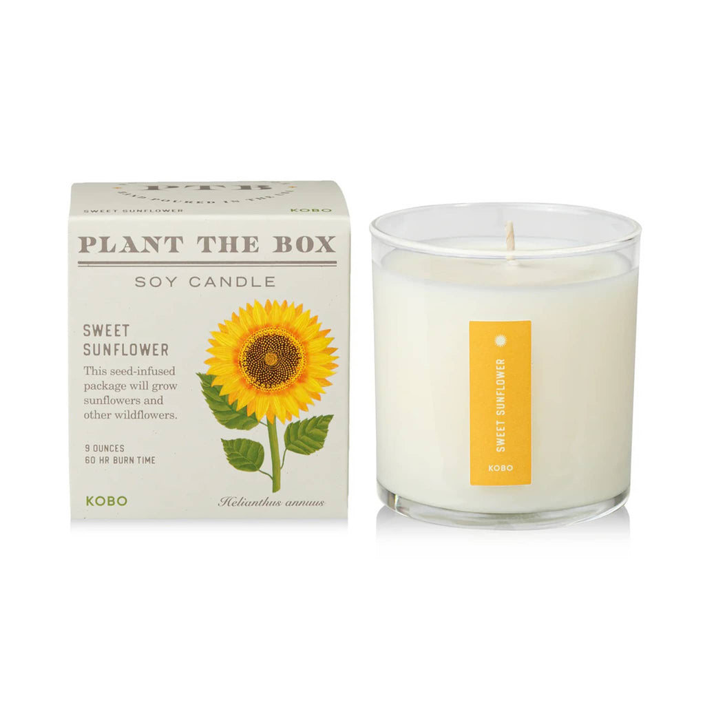 KOBO Plant the Box Sweet Sunflower scented soy wax candle in clear glass vessel beside plantable gift box.