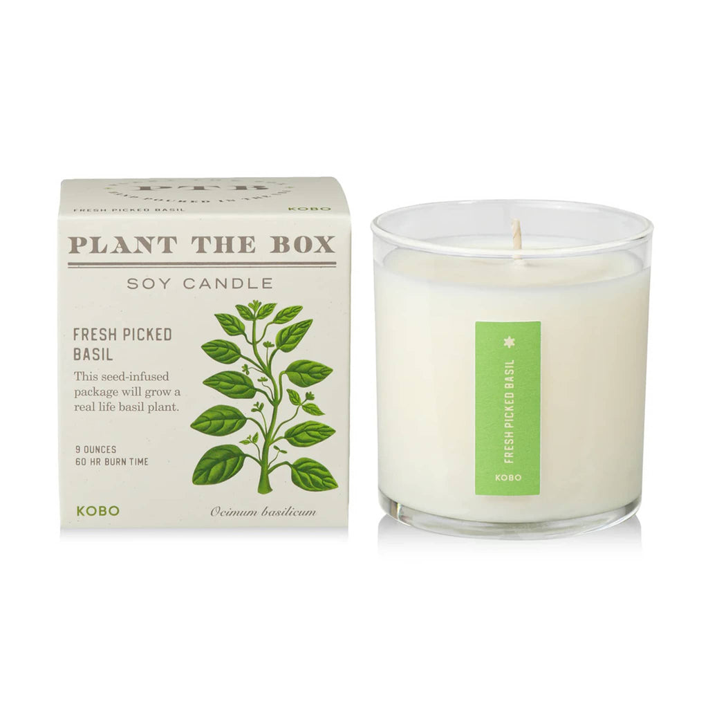 KOBO Plant the Box Fresh Picked Basil scented soy wax candle in clear glass vessel beside illustrated plantable gift box.