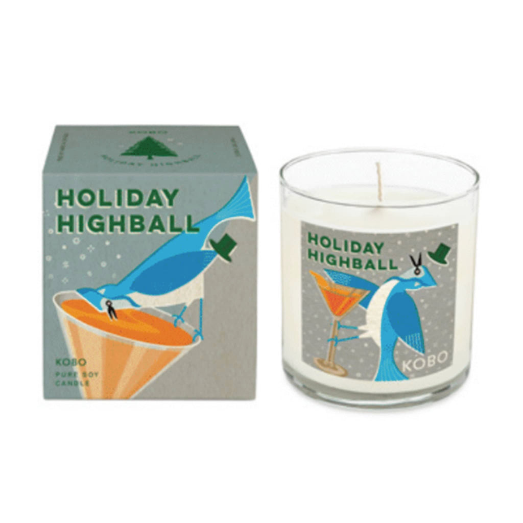 Kobo Candles Holiday Highball scented holiday candle in clear glass vessel with gray label and matching illustration  gift box.