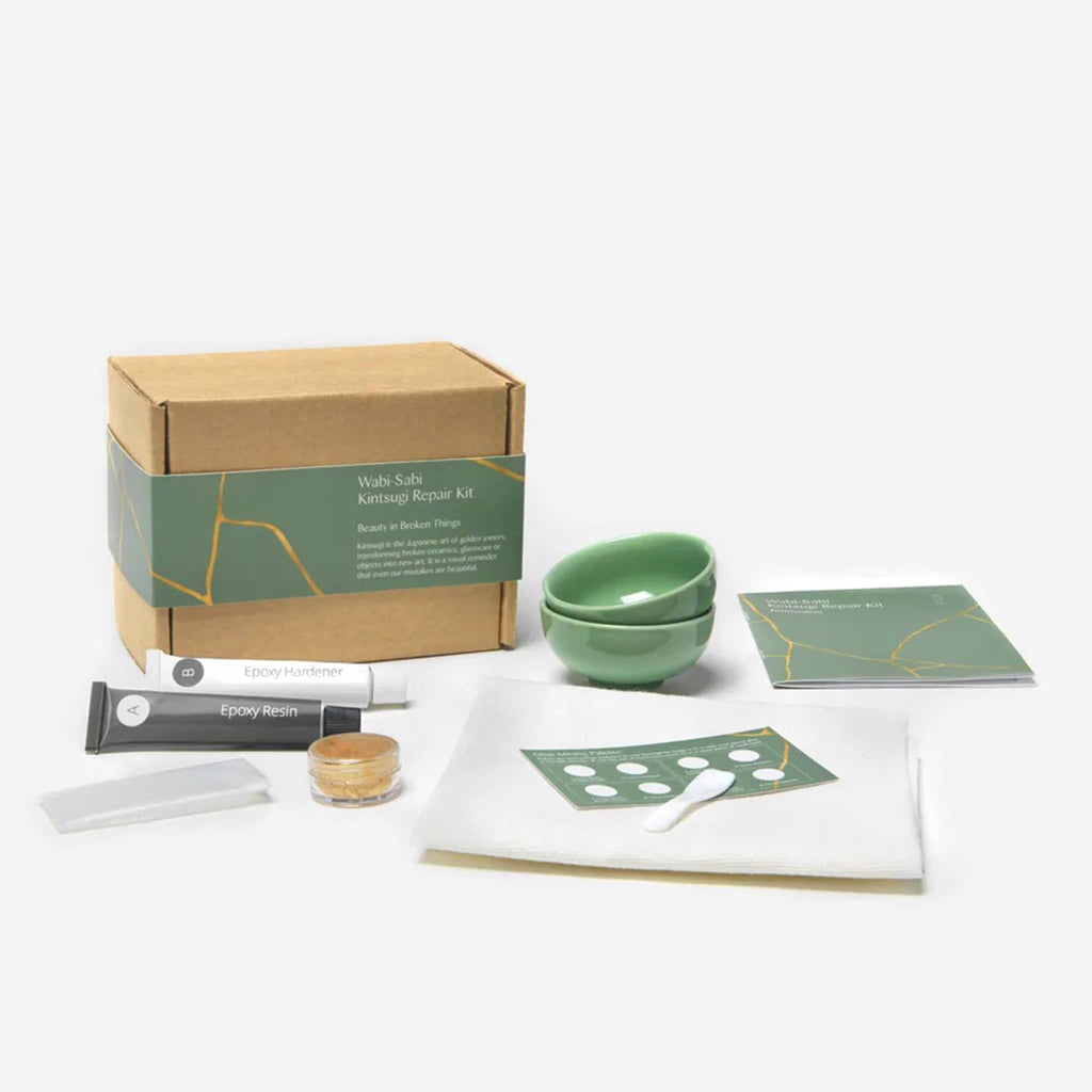 KonMari Wabi-Sabi Kintsugi Repair Kit in sencha green, contents with box packaging.