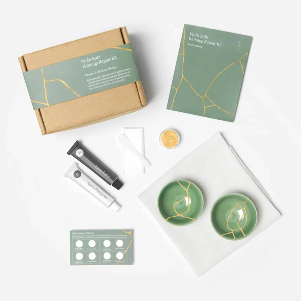 KonMari Wabi-Sabi Kintsugi Repair Kit in sencha green, finished bowls with box packaging and contents.