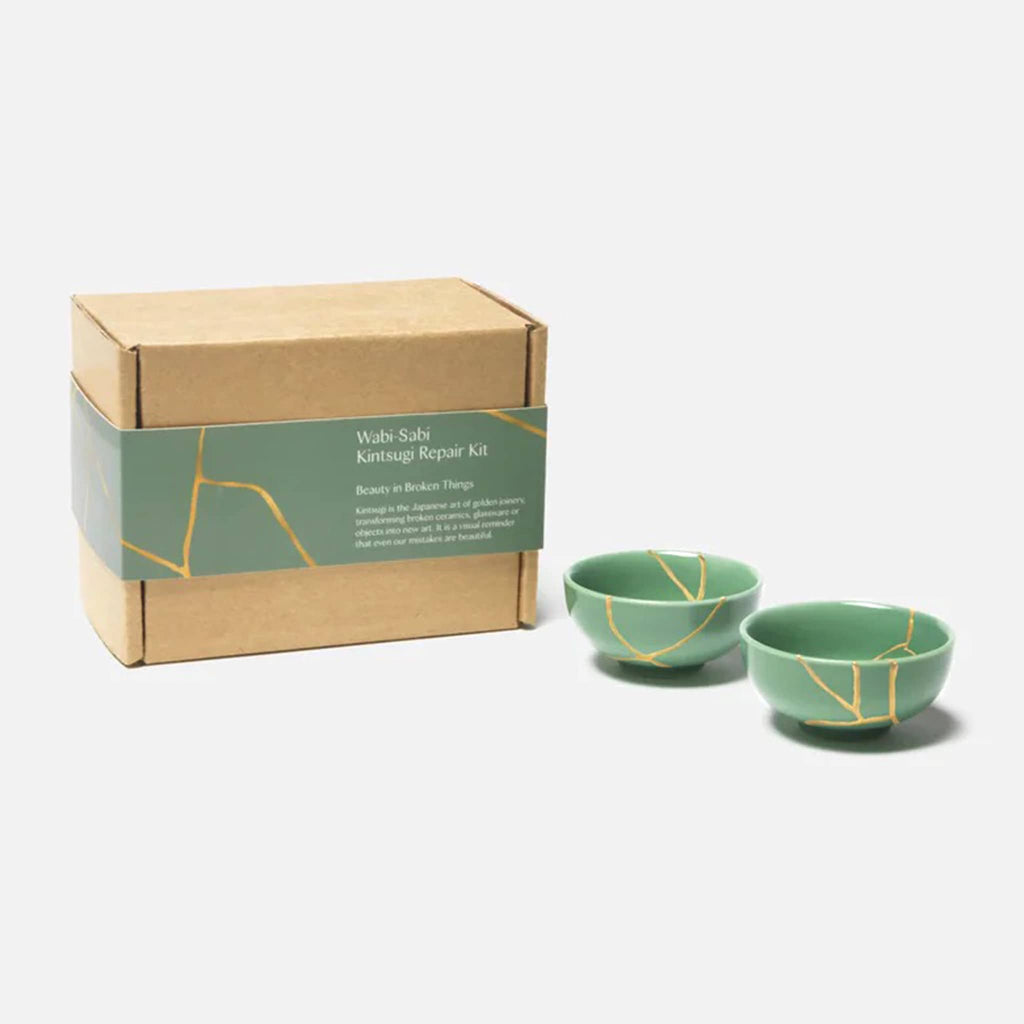 KonMari Wabi-Sabi Kintsugi Repair Kit in sencha green, finished bowls with box packaging.