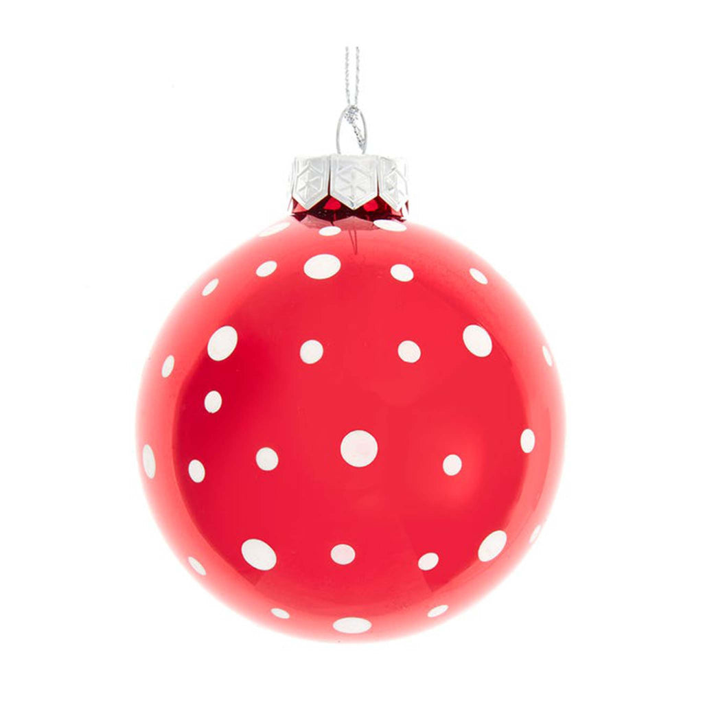 Kurt Adler red glass ball holiday tree ornament with white polka dots.