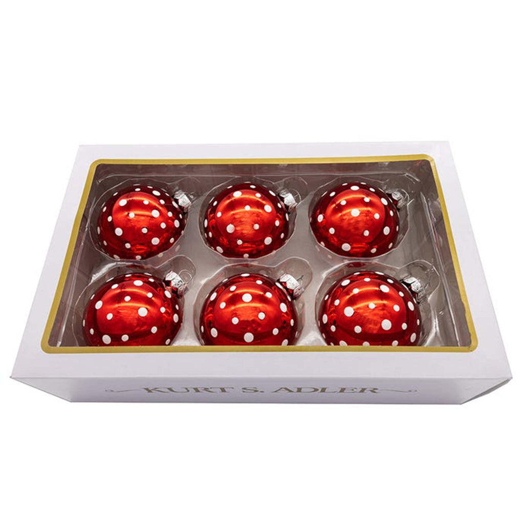 Kurt Adler red glass ball holiday tree ornament with white polka dots, set of 6 in box packaging.