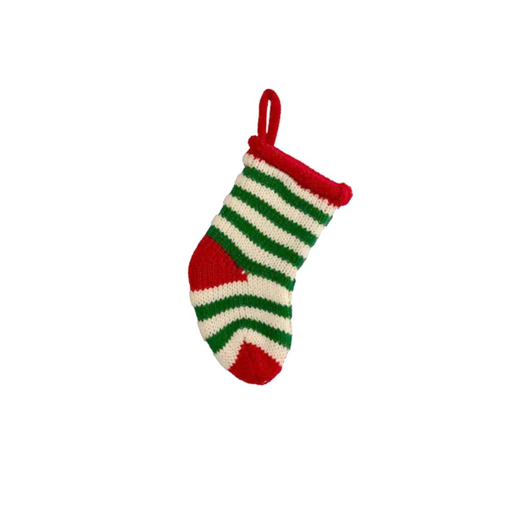 Kurt Adler small 5 inch knit Christmas stocking with green and white stripes, red heel, red toe, red cuff and red loop hanger.