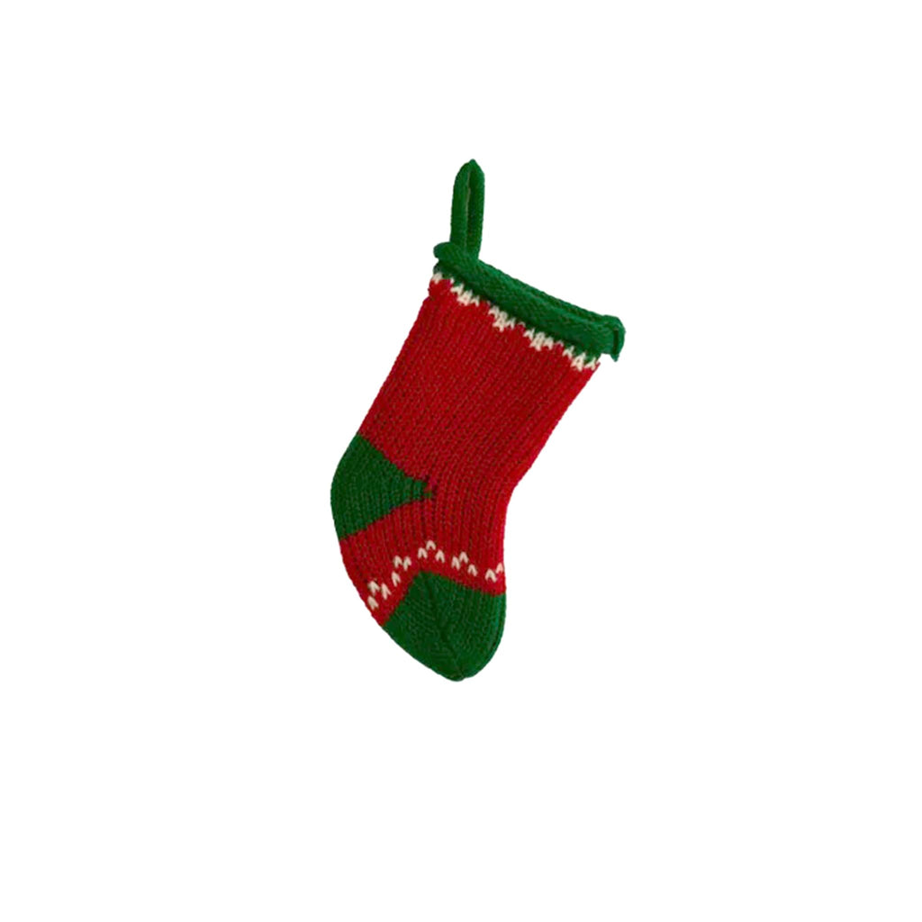 Kurt Adler small 5 inch knit Christmas stocking in red with green heel, green toe, green cuff and green loop hanger.