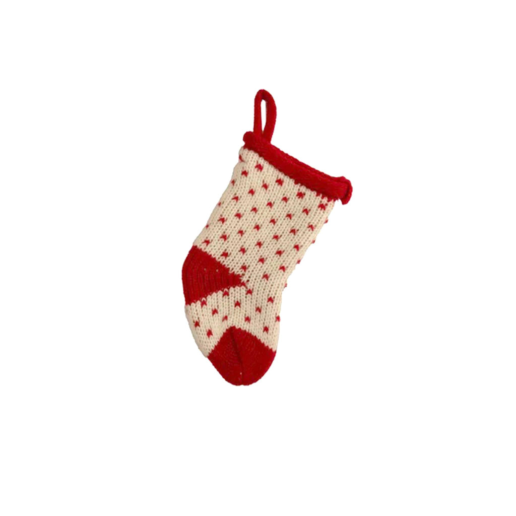 Kurt Adler small 5 inch knit Christmas stocking in white with red polka dot design, red heel, red toe, red cuff and red loop hanger.