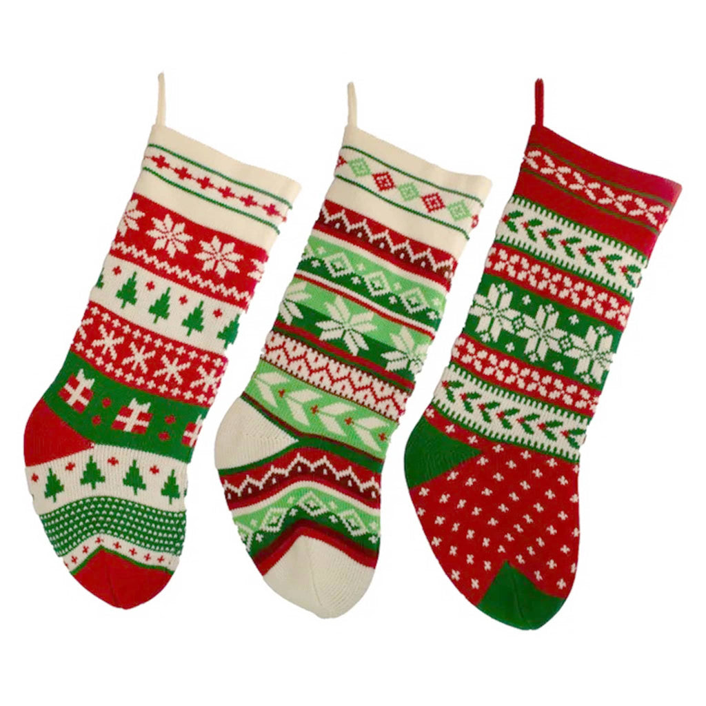 Kurt Adler red, green and ivory knit snowflake and Christmas tree stockings in 3 styles.