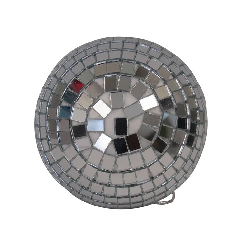 Silver disco ball ornament, bottom view, on a white background.