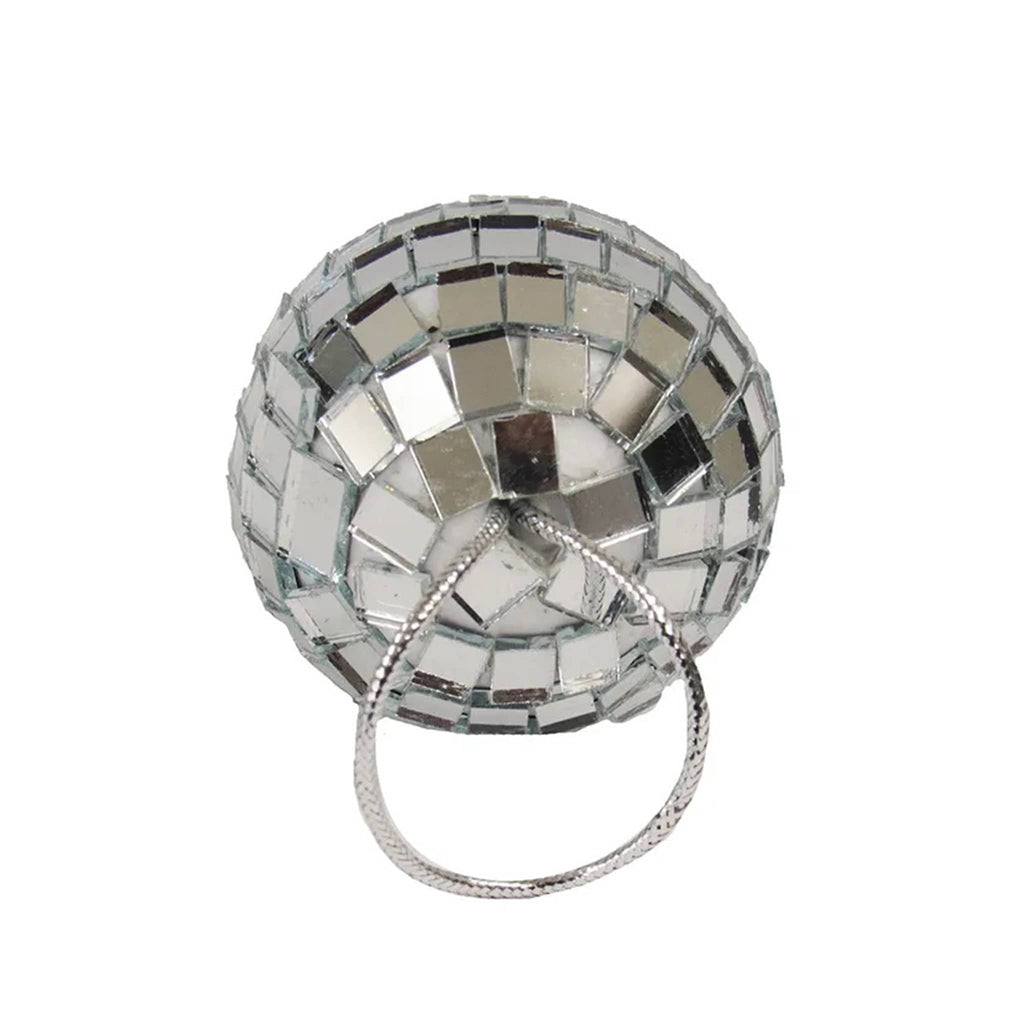 Silver disco ball ornament, top view, on a white background.