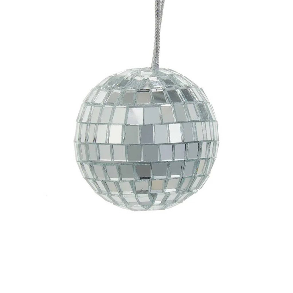 Silver disco ball ornament, side view, on a white background.