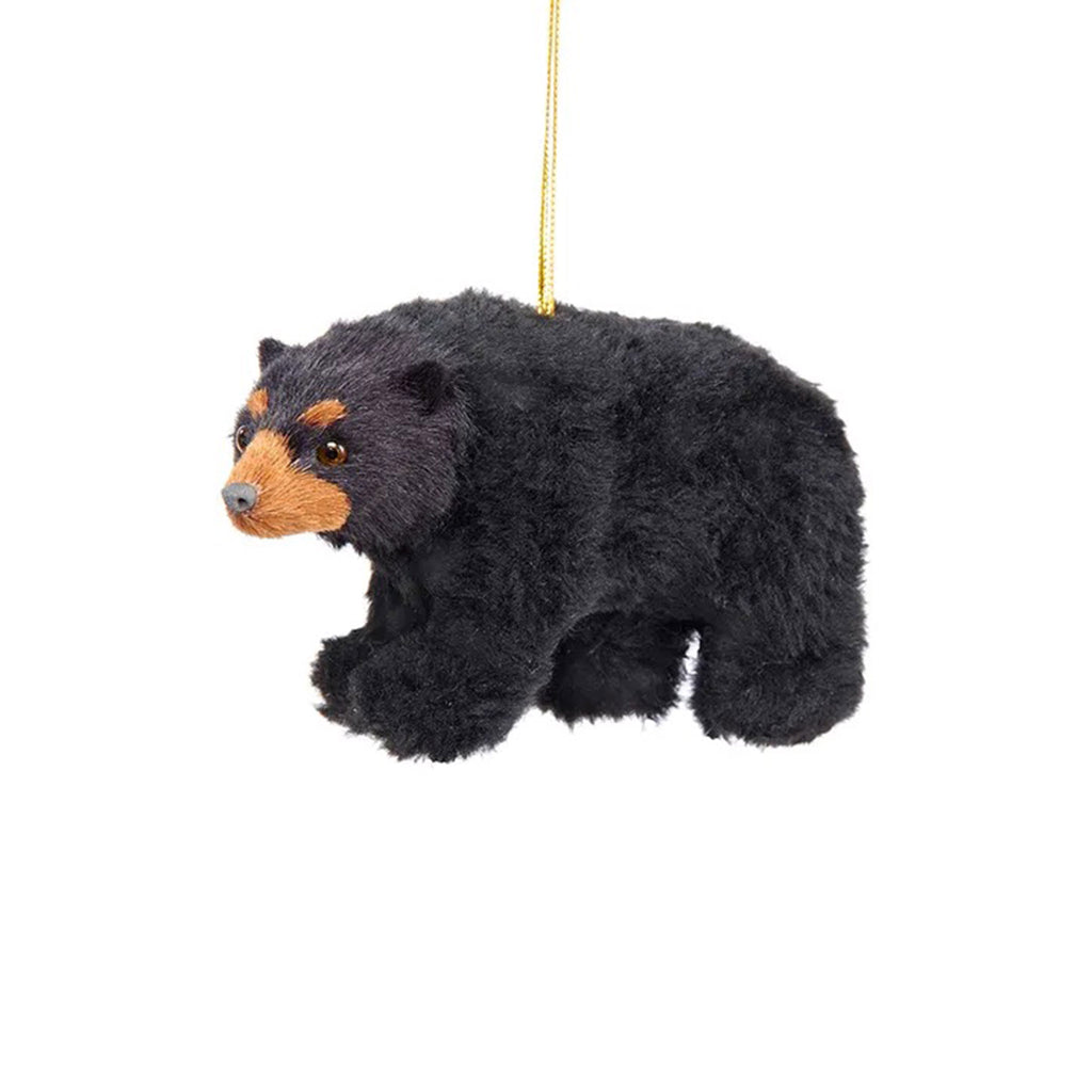 Kurt Adler Plush Black Bear holiday tree ornament with brown markings on its face.