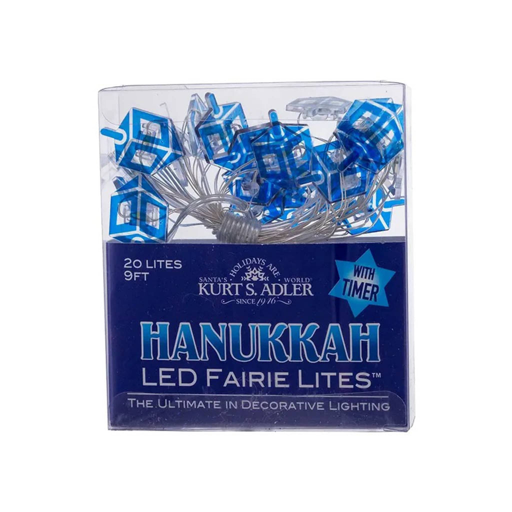 Kurt Adler Hanukkah Dreidel LED Fairie Lites in box packaging, front view.