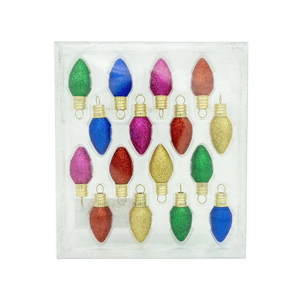 Set of 16 colorful Christmas light bulb ornaments in a clear packaging on a white background.