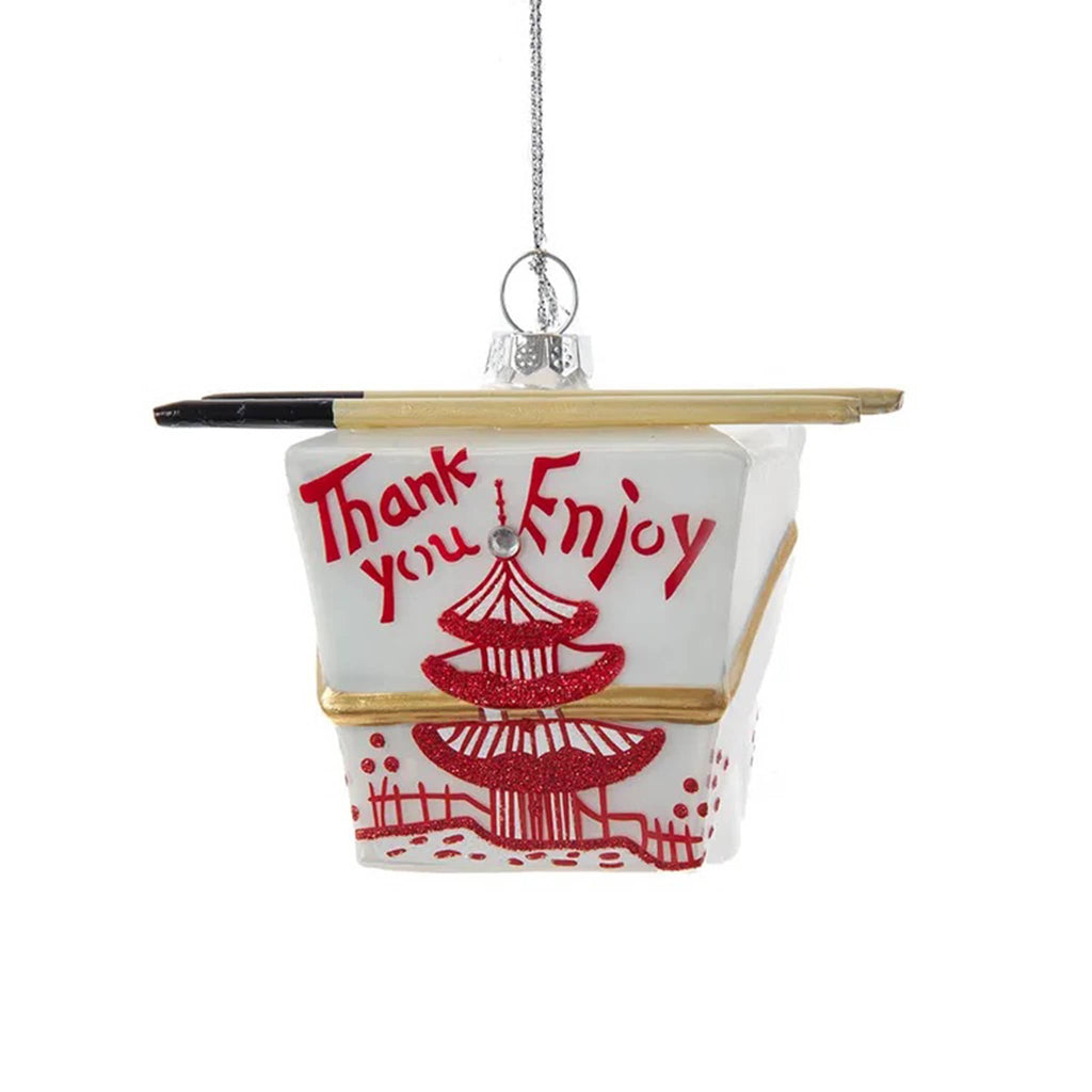 Decorative ornament resembling a Chinese take-out box with chopsticks, on a white background.