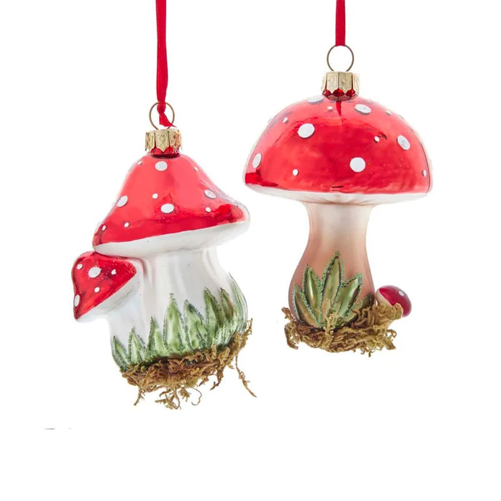 Kurt Adler red & white polka dot glass mushroom holiday tree ornaments with glitter in 2 styles, white or tan stem.