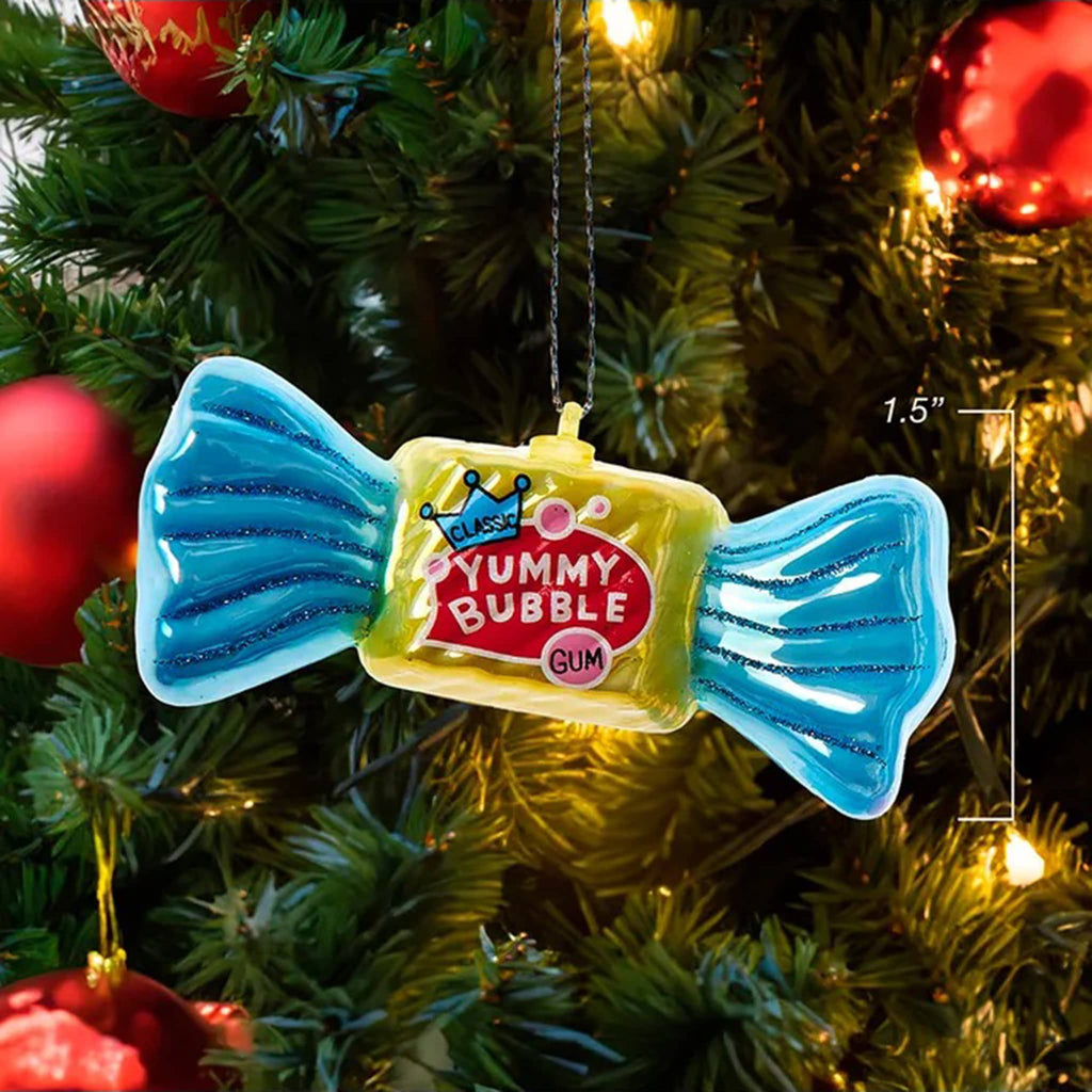Yummy Bubble gum ornament on a Christmas tree with measurements.