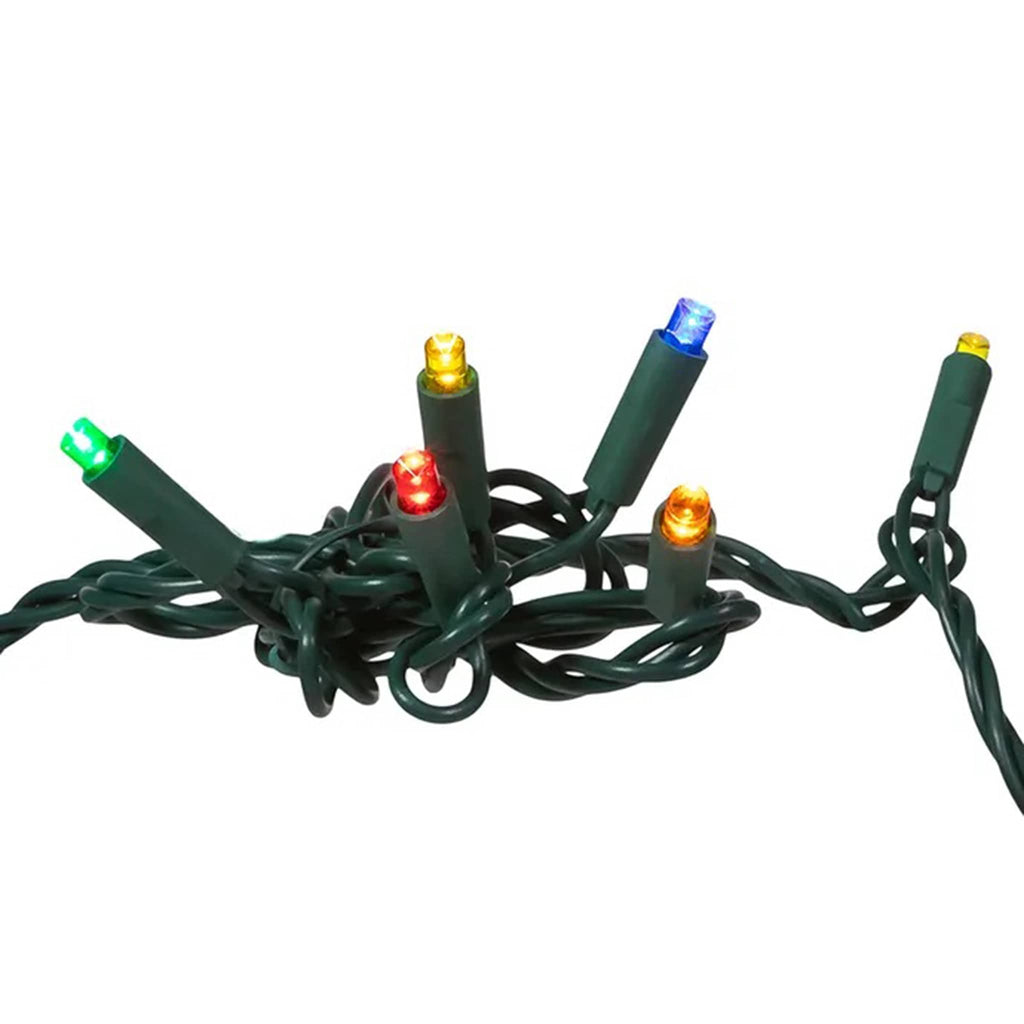 Kurt Adler 25.5 foot long multicolor 5mm LED light set, detail showing bulbs lit and green wire.