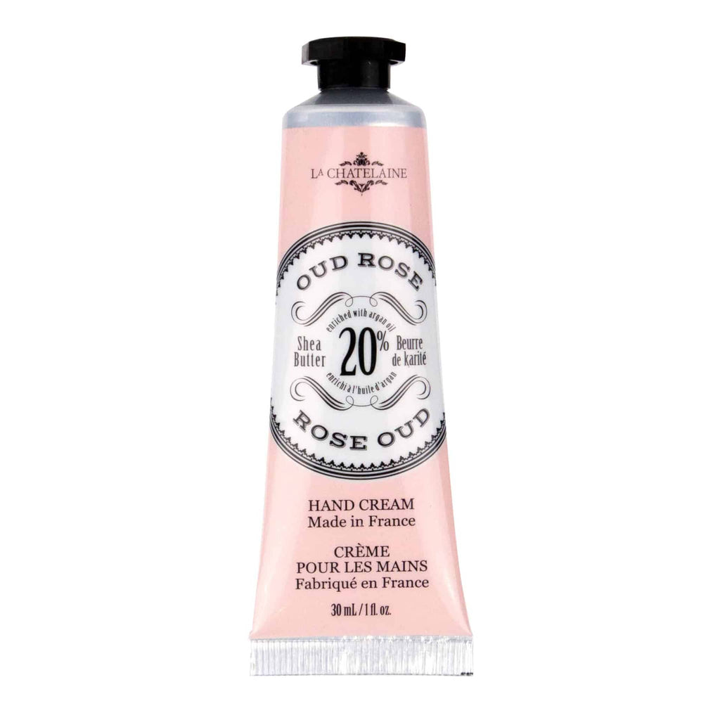 Pink hand cream tube labeled 'Rose Oud' by La Châtelaine on a white background.