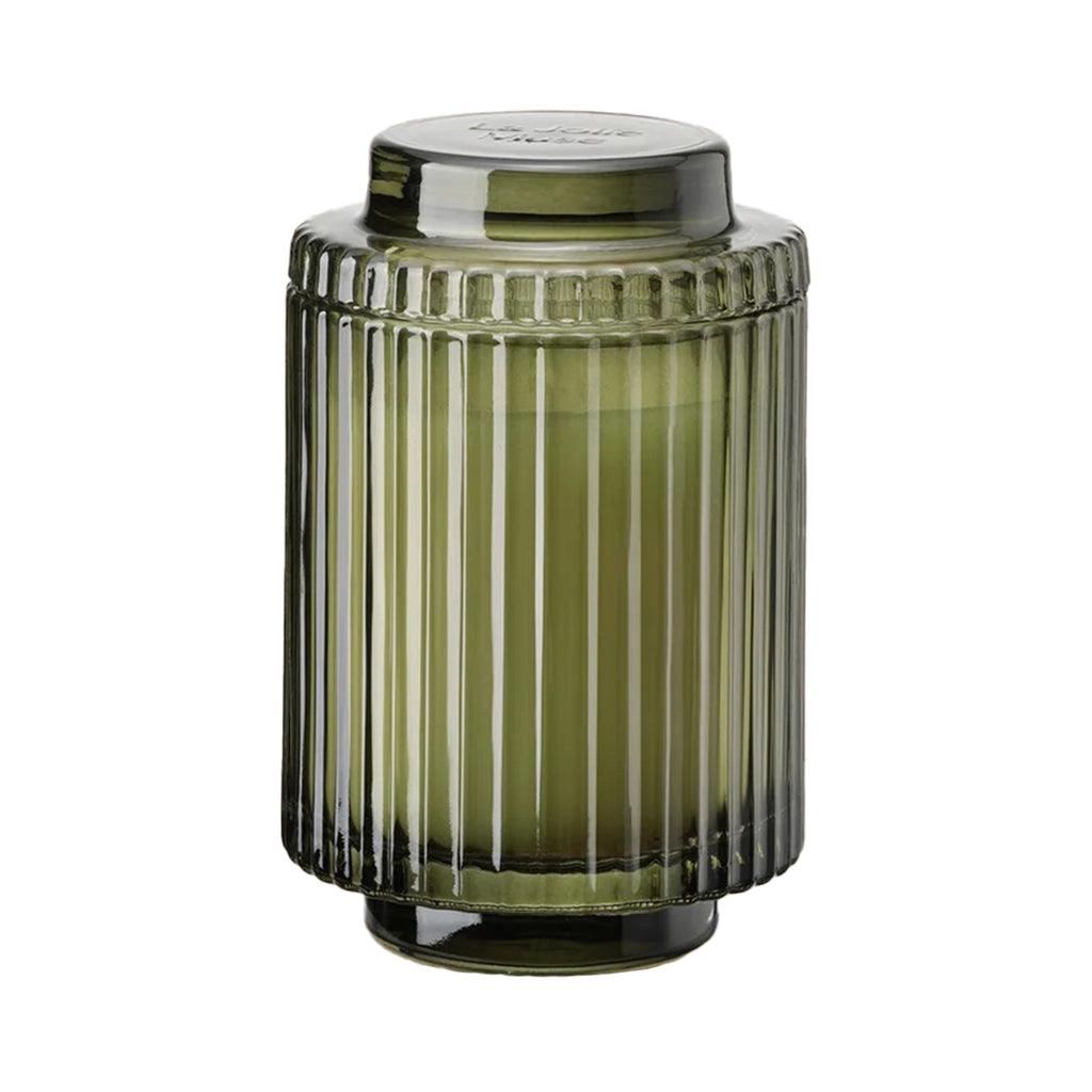 La Jolie Muse Amelie 11 ounce Mandarin Matcha scented soy wax candle in ribbed green glass vessel with lid.