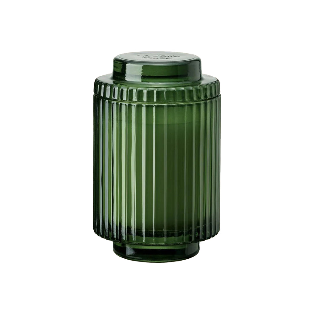 La Jolie Muse Amelie 7 ounce Pomegranate and Pine scented soy wax candle in ribbed green glass vessel with lid.