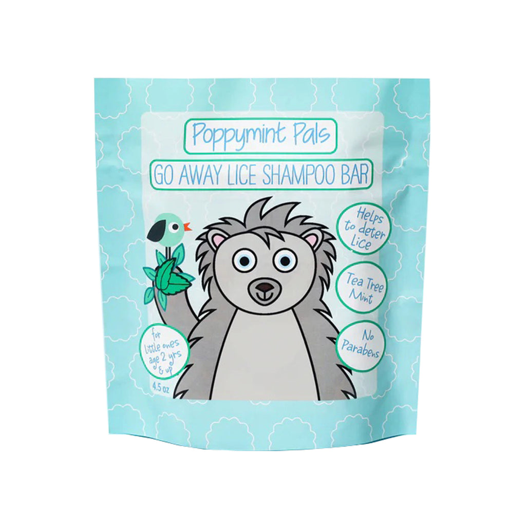 Laki Naturals Poppymint Pals Go Away Lice Shampoo Bar for deterring lice in blue pouch packaging front view.