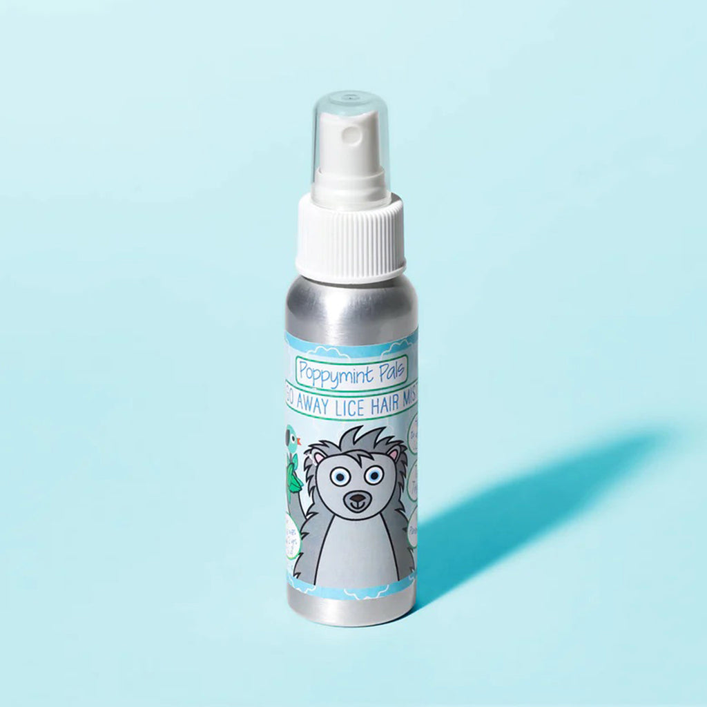 Laki Naturals Poppymint Pals Go Away Lice Hair Mist in 2.7 oz aluminum spray bottle on a turquoise background.