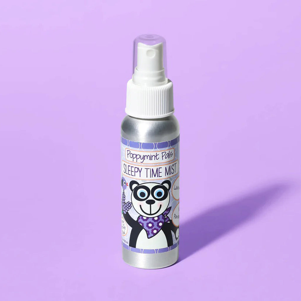 Laki Naturals Poppymint Pals Sleepy Time Lavender scented pillow mist in 2.7 oz aluminum spray bottle on a purple background.