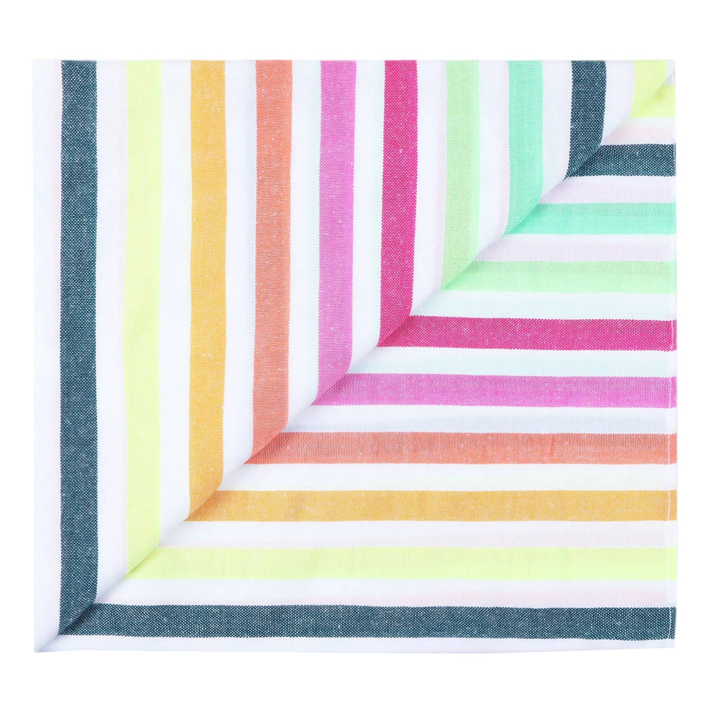 Las Bayadas La Gloria beach blanket towel with stripes in shades of pink, orange, green and white, folded into a square.