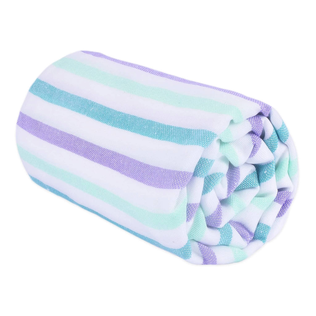 Las Bayadas La Rocio beach blanket towel with muted purple, aqua, green and white stripes, rolled up.