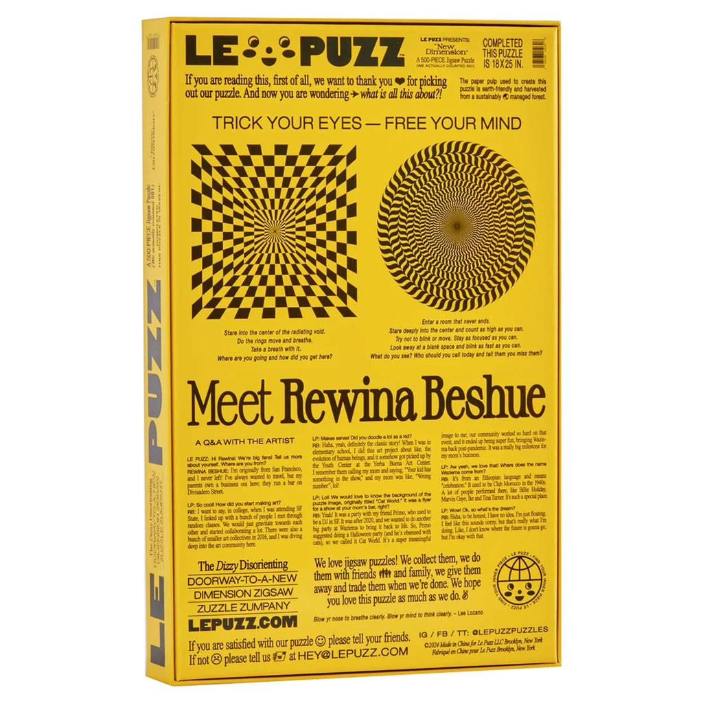 Le Puzz 500 piece New Dimensions jigsaw puzzle in box packaging, back angle.