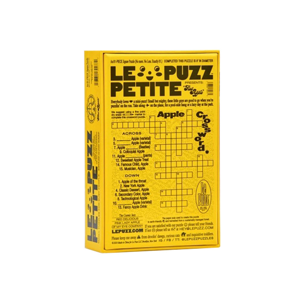 Le Puzz 81 piece Flat Apple mini round jigsaw puzzle in box packaging, back angle.