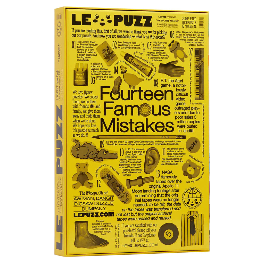 Le Puzz 500 piece My Favorite Mistake puzzle in yellow box packaging, back view with text and graphics.
