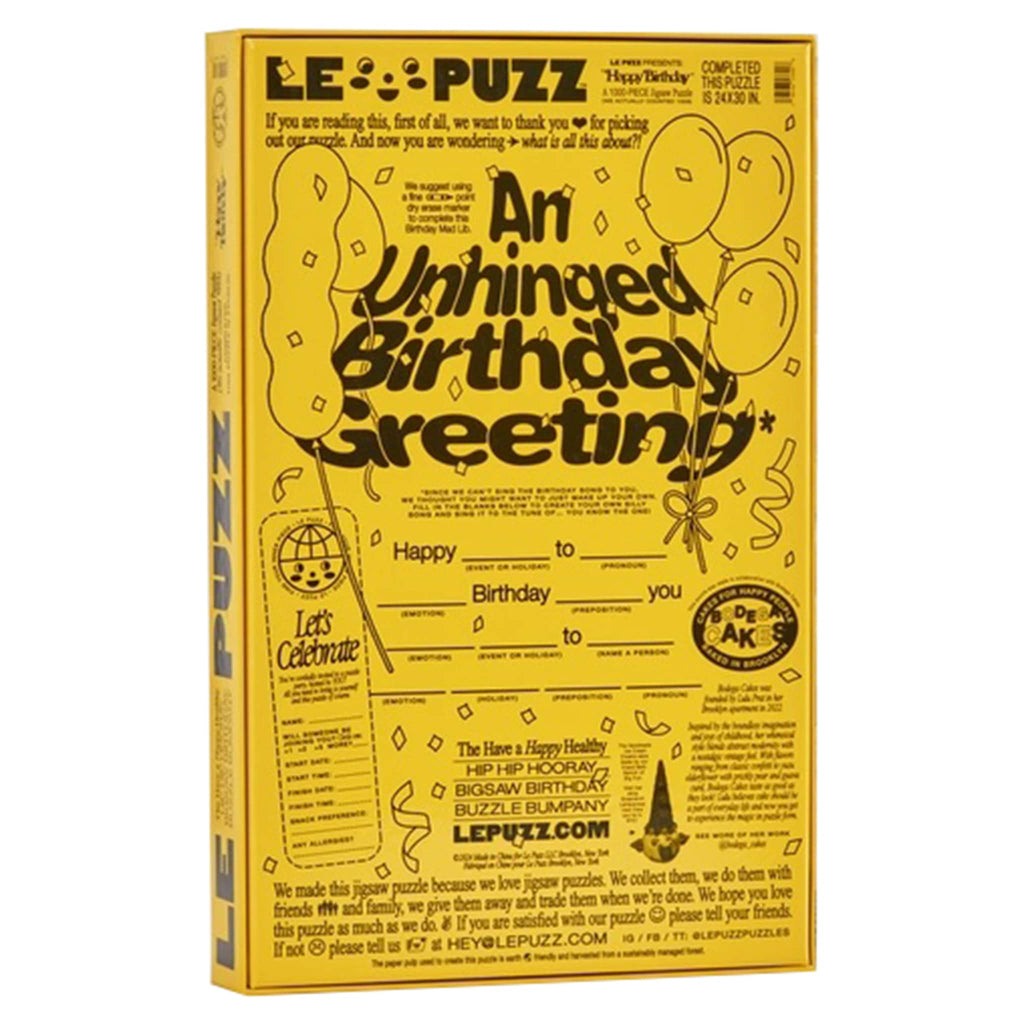 Le Puzz 1000 Piece Happy Birthday jigsaw puzzle in box packaging, back angle view.