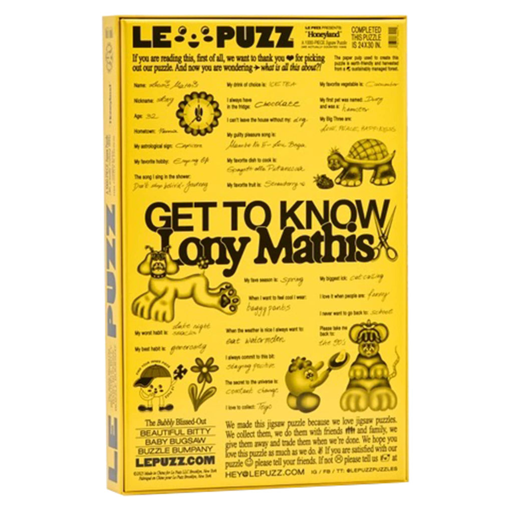Le Puzz 1000 Piece Honeyland jigsaw puzzle in box packaging, back angle view.