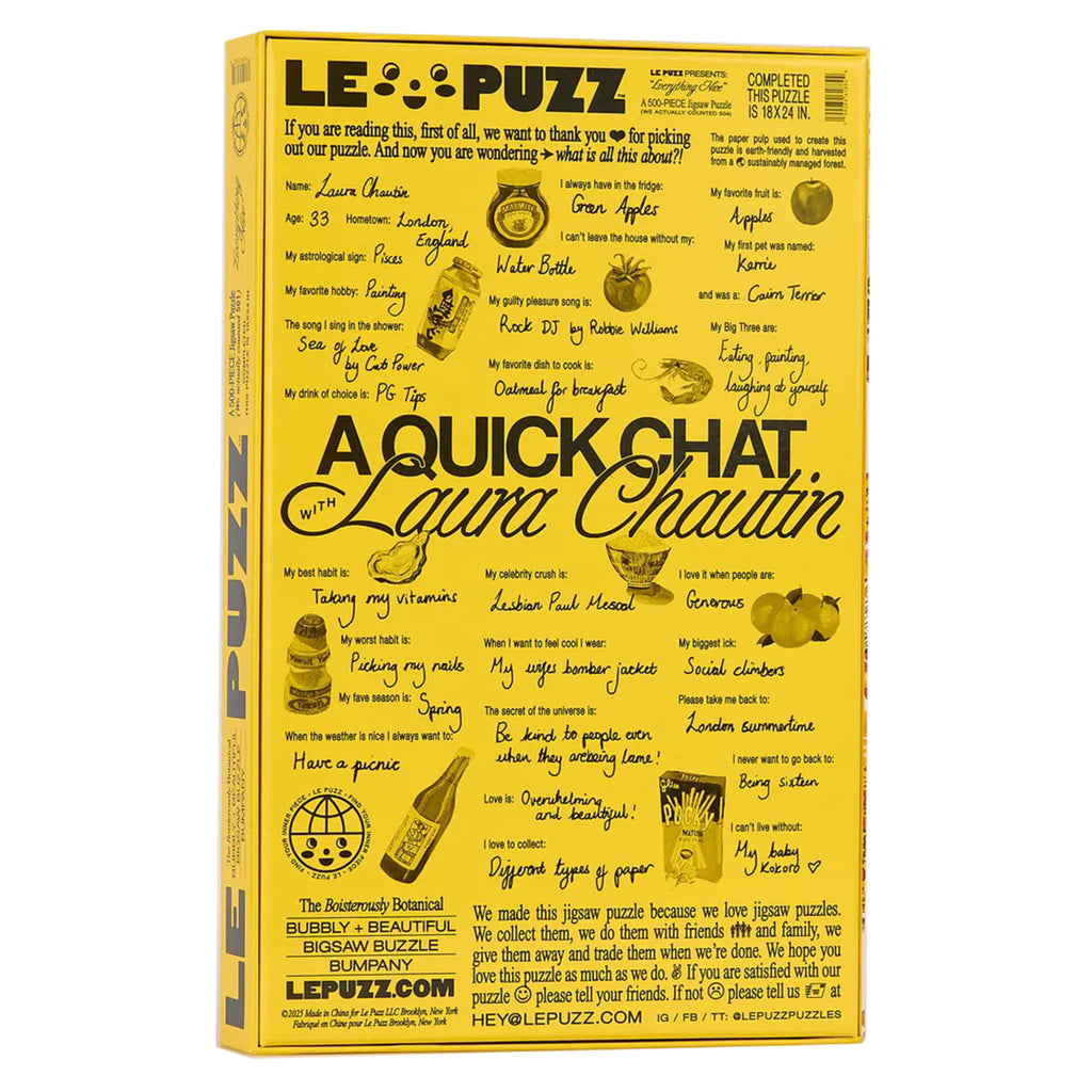 Le Puzz Everything Nice 500 piece puzzle in box packaging, back view, on a white background.