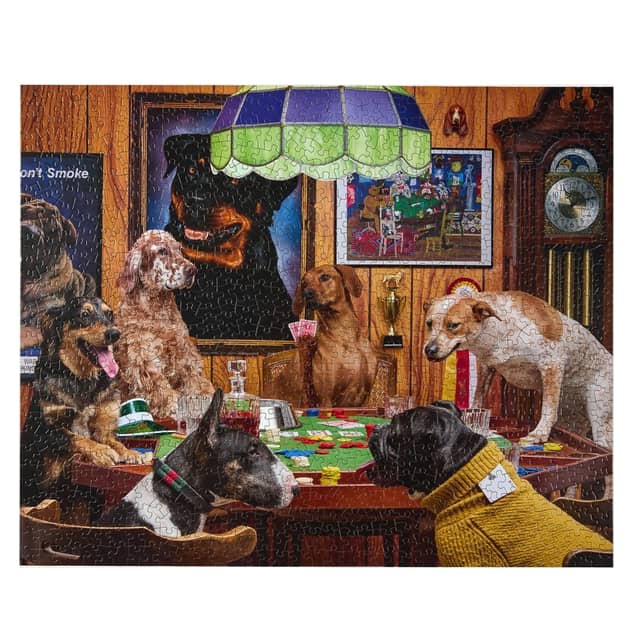 Jigsaw puzzle with dogs around a poker table in a room setting.