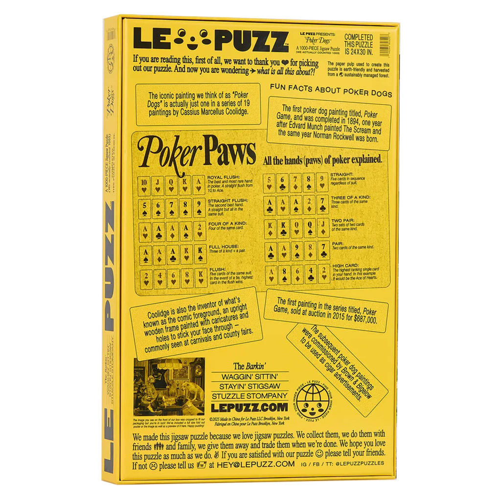LE PUZZ 1000 piece Poker Dogs puzzle in box packaging, back view, on a white background.