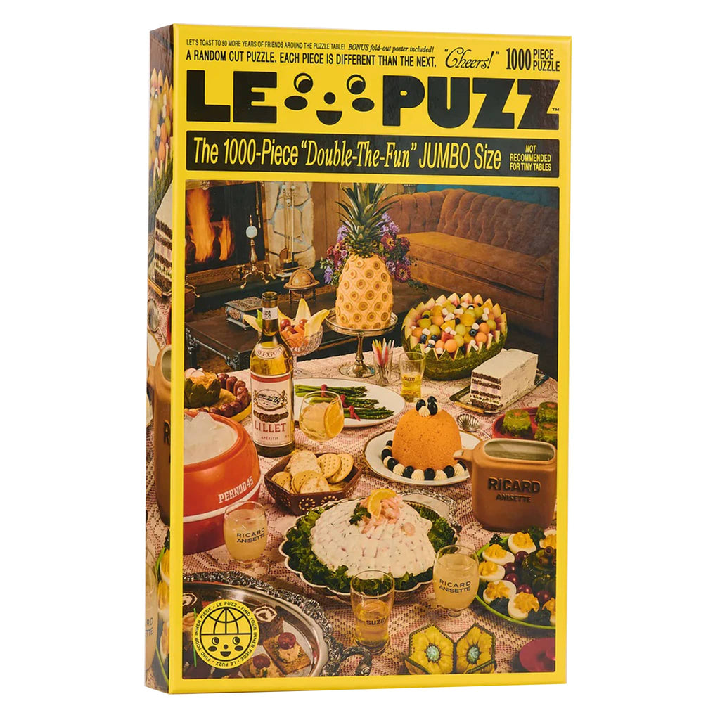 Le Puzz Cheers! 1000 piece jigsaw puzzle in box with a vintage party scene on the front.