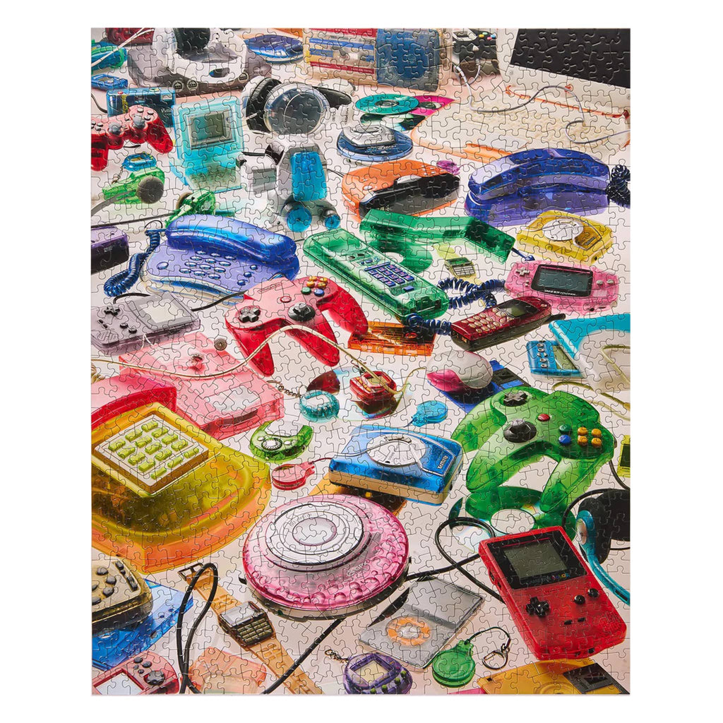 Colorful puzzle with retro electronic devices on a white background.