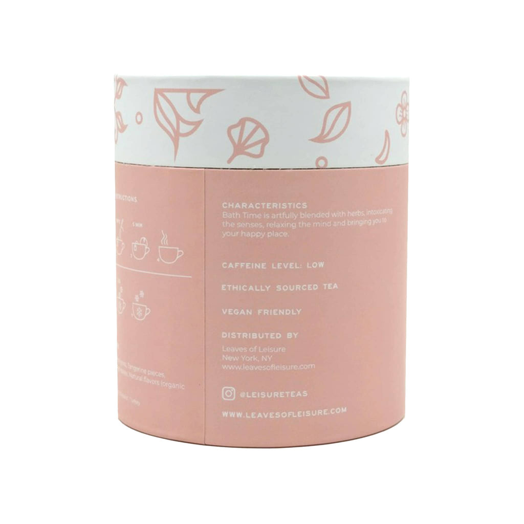 Leaves of Leisure Bath Time Lemongrass, Tangerine and Sage Low Caffeine Organic Tea in illustrated peach canister packaging, back view.
