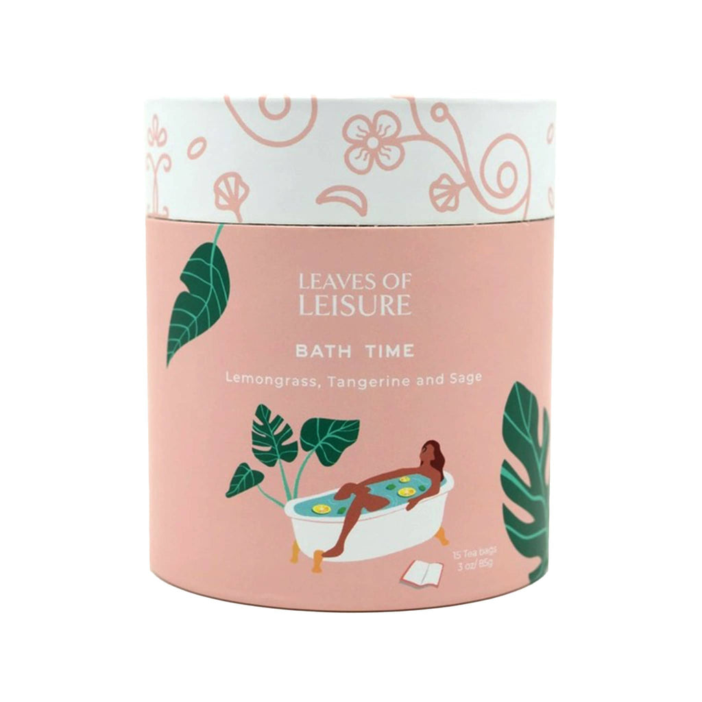 Leaves of Leisure Bath Time Lemongrass, Tangerine and Sage Low Caffeine Organic Tea in illustrated peach canister packaging, front view.