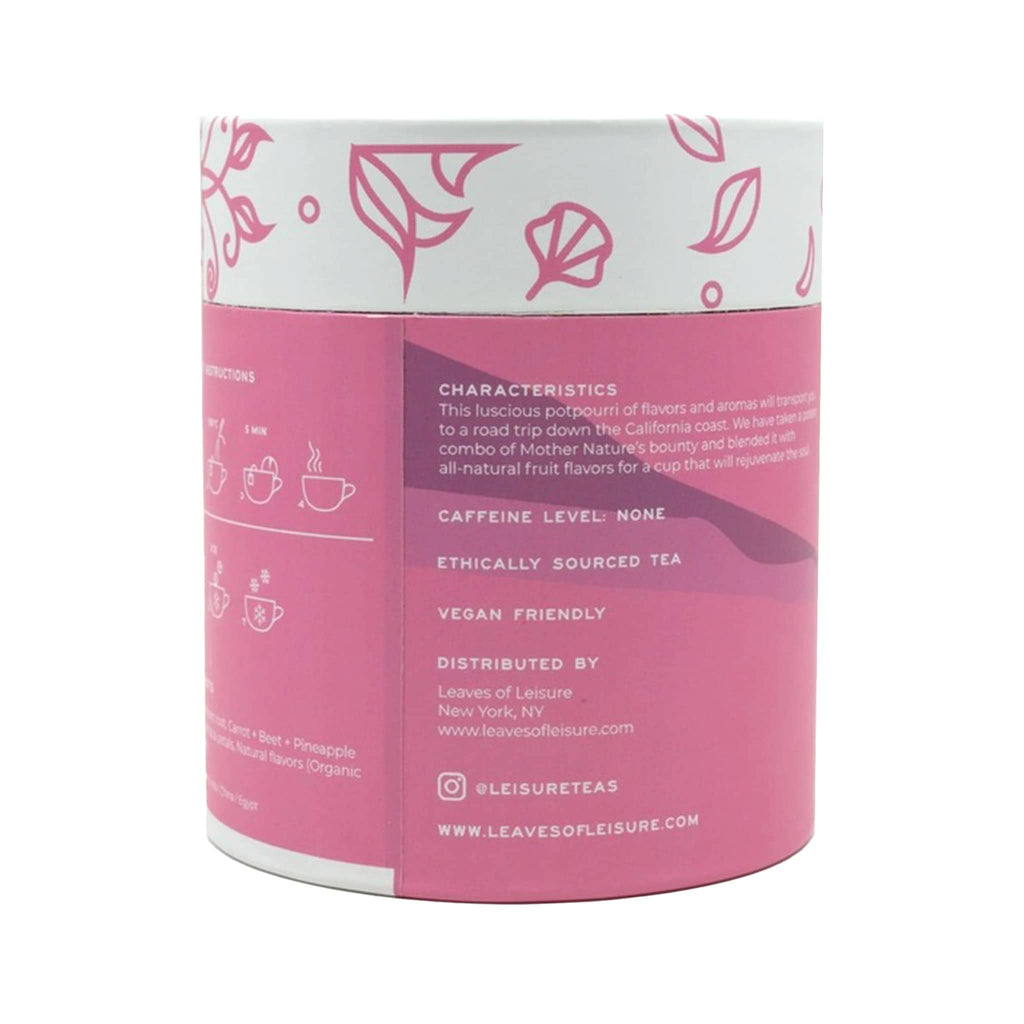 Leaves of Leisure Road Trip Caffeine-Free Organic Herbal Tea in illustrated pink canister packaging, back view.