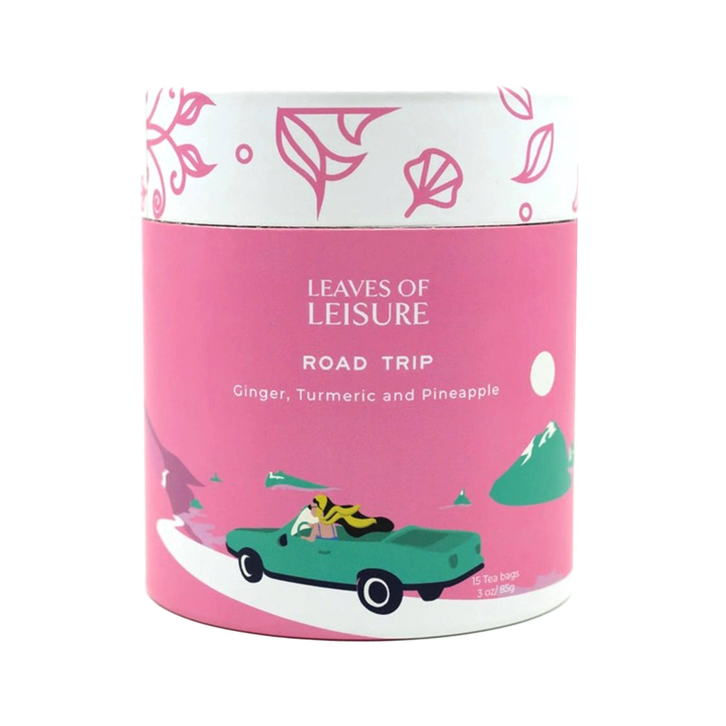 Leaves of Leisure Road Trip Caffeine-Free Organic Herbal Tea in illustrated pink canister packaging, front view.