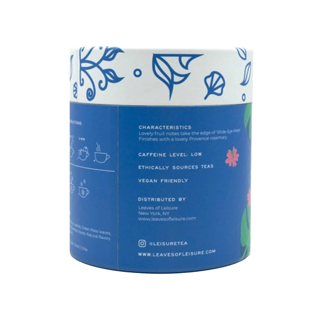 Leaves of Leisure Sun Soaked Low-Caffeine Organic Tea in illustrated blue canister packaging, back view.