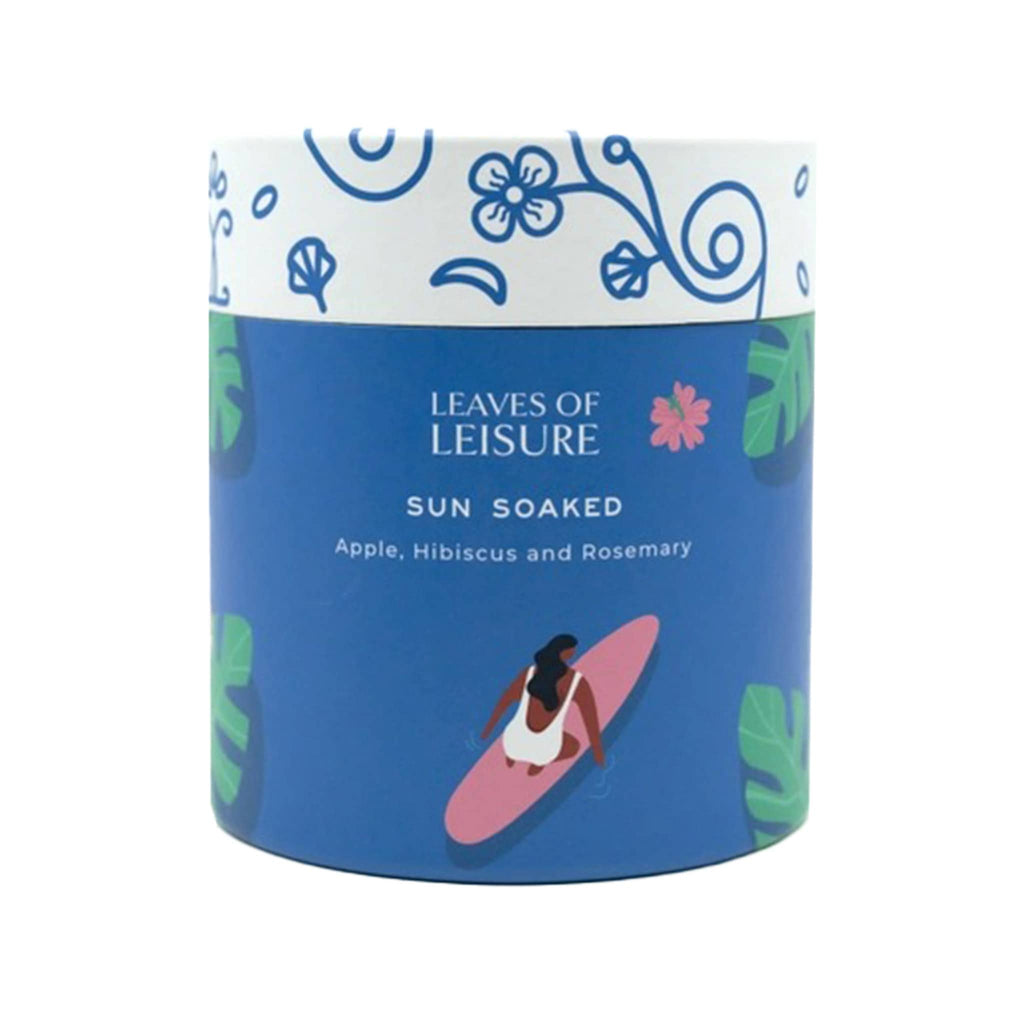 Leaves of Leisure Sun Soaked Low-Caffeine Organic Tea in illustrated blue canister packaging, front view.