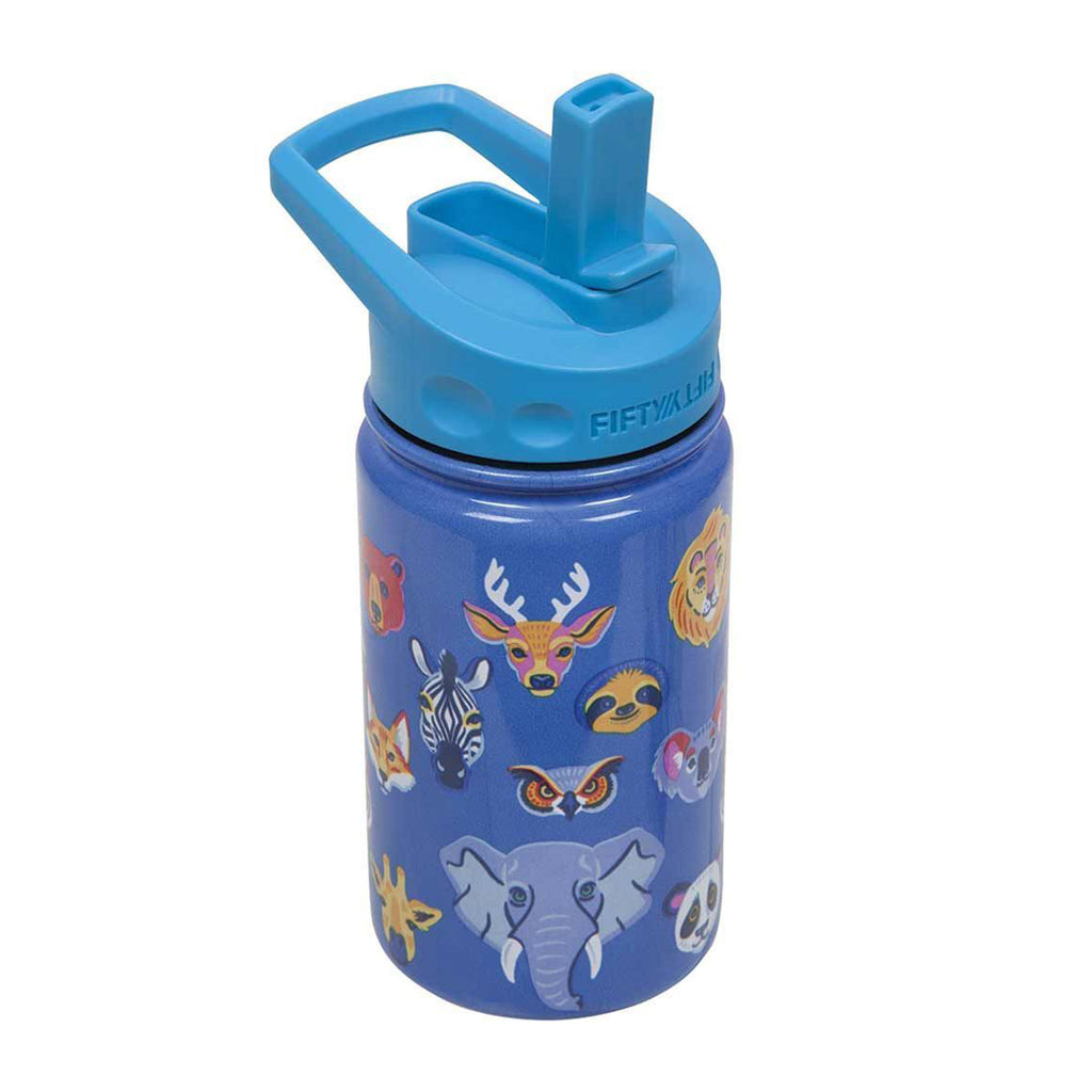 Fifty Fifty Kids 12 ounce stainless steel insulated water bottle in blue with animal head illustrations and a blue lid with built-in straw and handle.