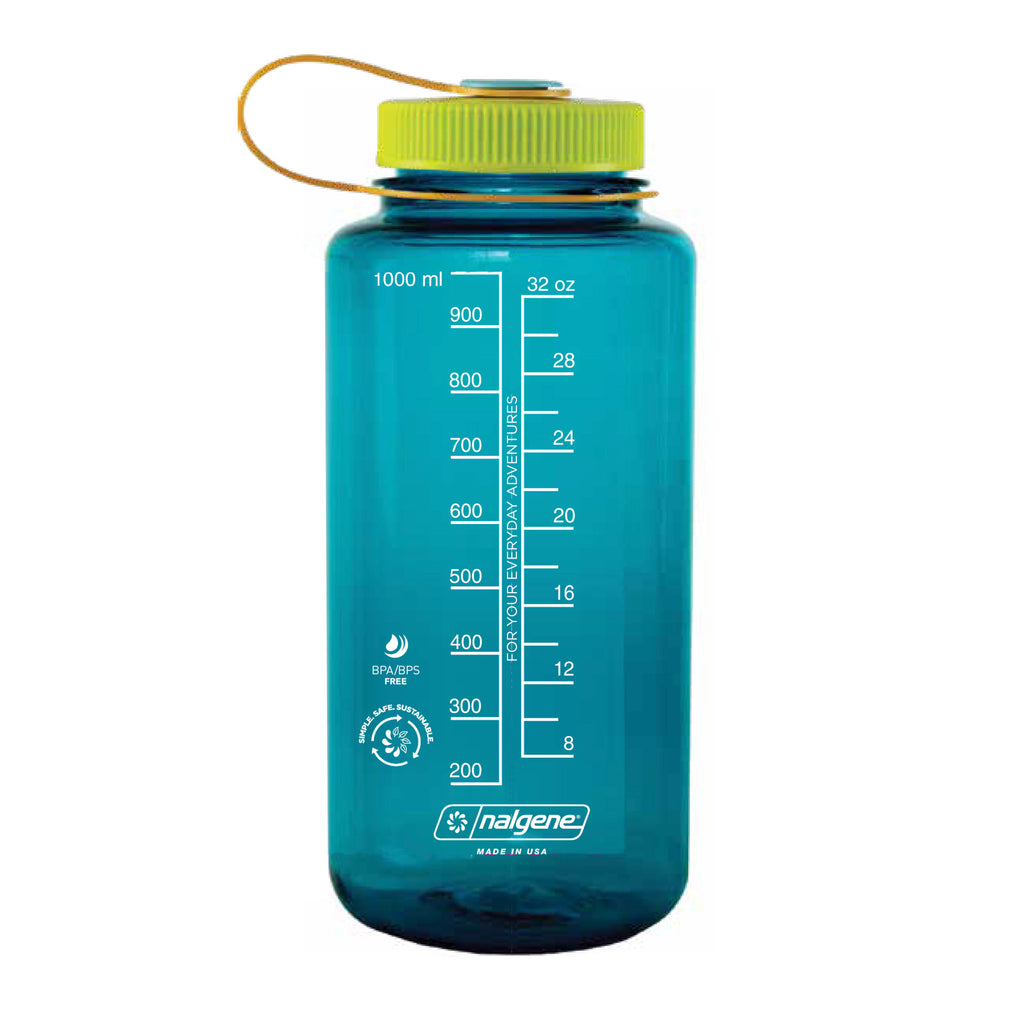 Liberty Mountain Cerulean Blue 32 oz Nalgene plastic water bottle with ounce and millilitre markings in white on the back. The screw-in lid is spring green with a light orange strap and blue top.